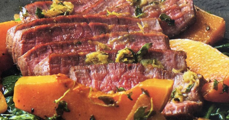 Rump steak s pečenou dýní a špenátem